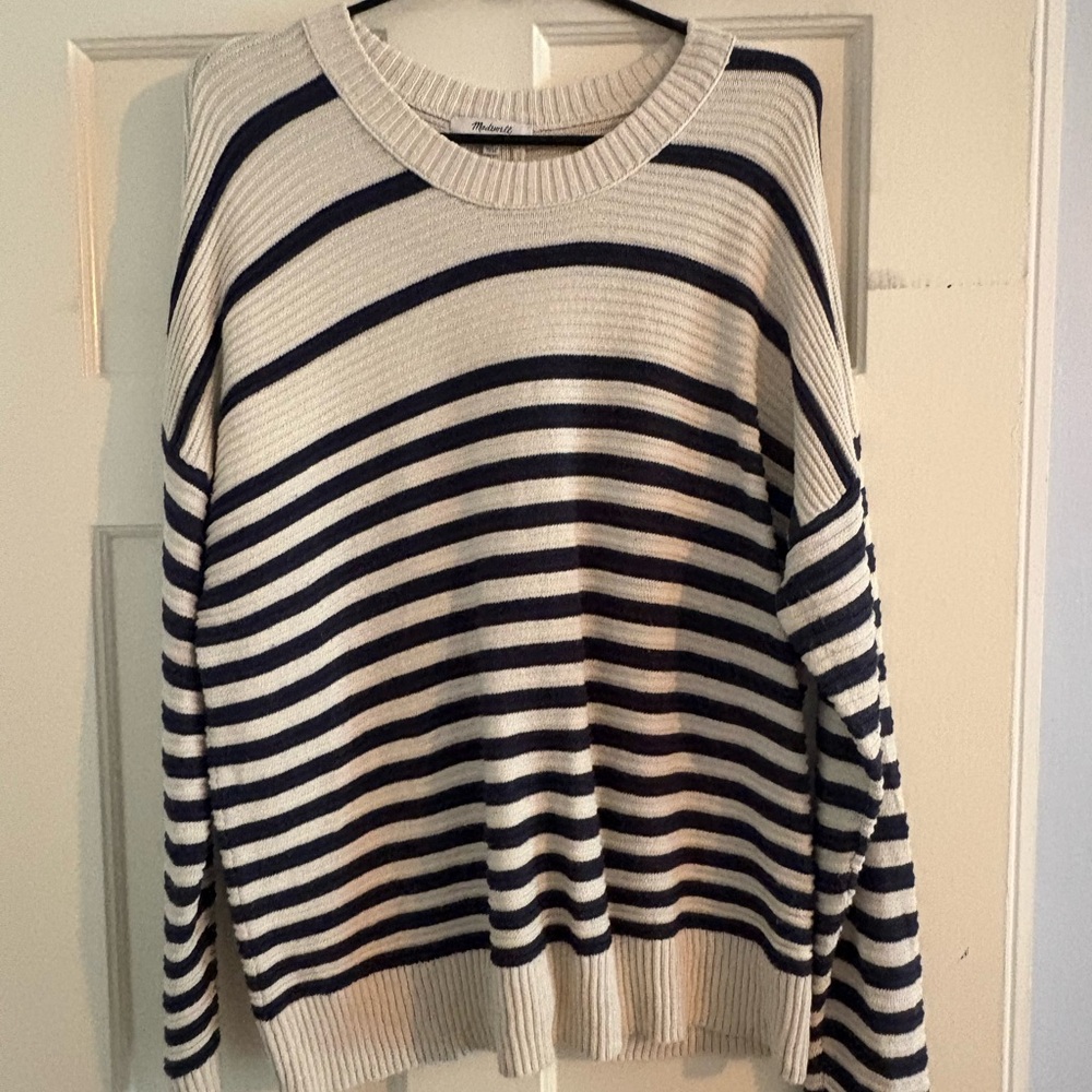Madewell Cozy Blue and Cream Crew Neck Sweater